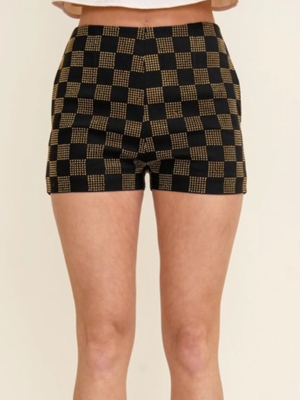 High-Waist Black & Gold Checker Studded Shorts